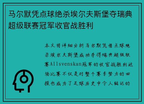 马尔默凭点球绝杀埃尔夫斯堡夺瑞典超级联赛冠军收官战胜利 马尔默凭点球绝杀埃尔夫斯堡夺瑞典超级联赛冠军收官战胜利