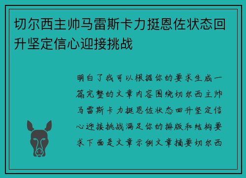 切尔西主帅马雷斯卡力挺恩佐状态回升坚定信心迎接挑战 切尔西主帅马雷斯卡力挺恩佐状态回升坚定信心迎接挑战